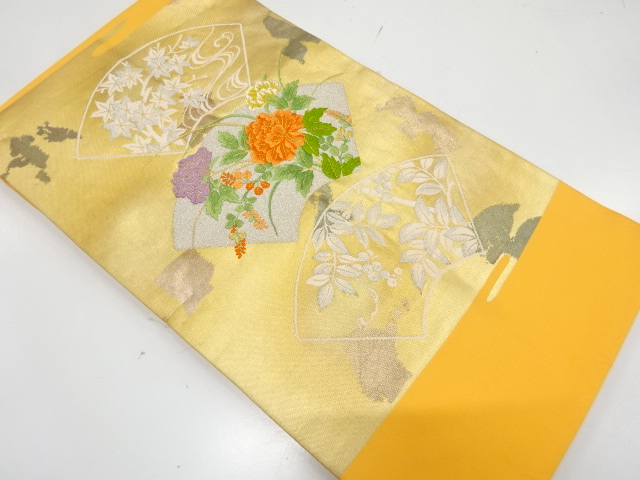 未使用品　引箔　地紙に牡丹・萩・南天模様織り出し　名古屋帯